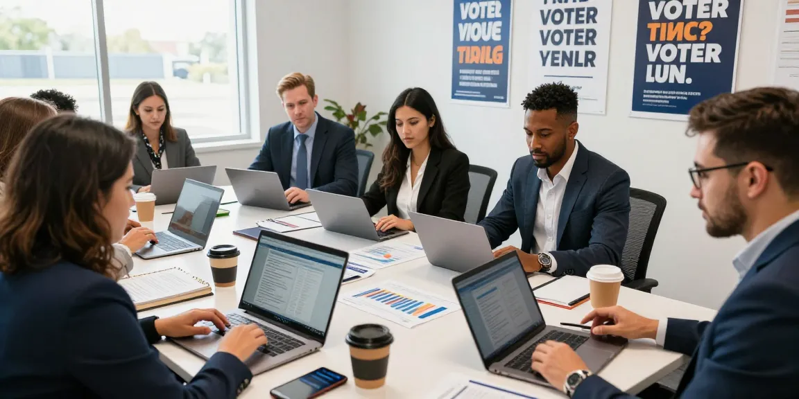 Political crisis communications strategy meeting with diverse team analyzing voter data in a bright office.