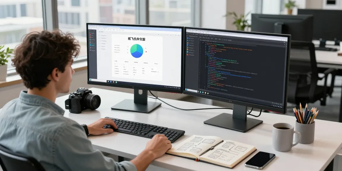 Developer using 纸飞机中文版 app in a modern tech workspace filled with gadgets and natural light.