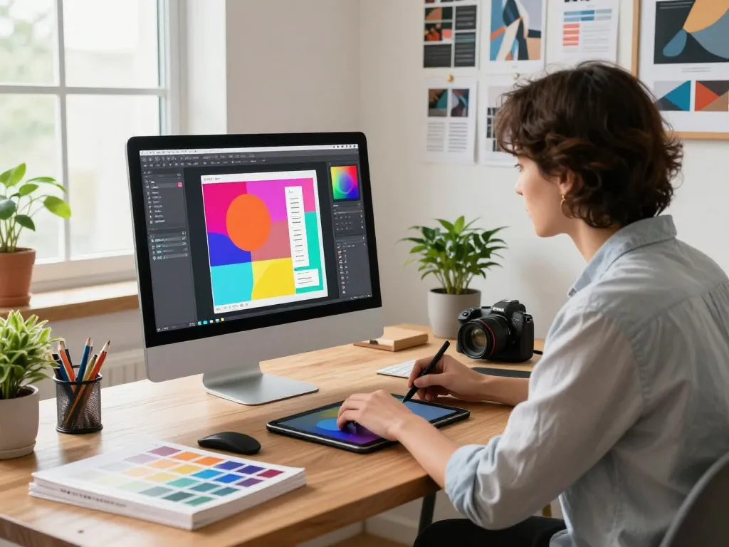 Dynamic workspace showcasing image to prompt ai generation tools, designer at computer crafting vivid visuals.
