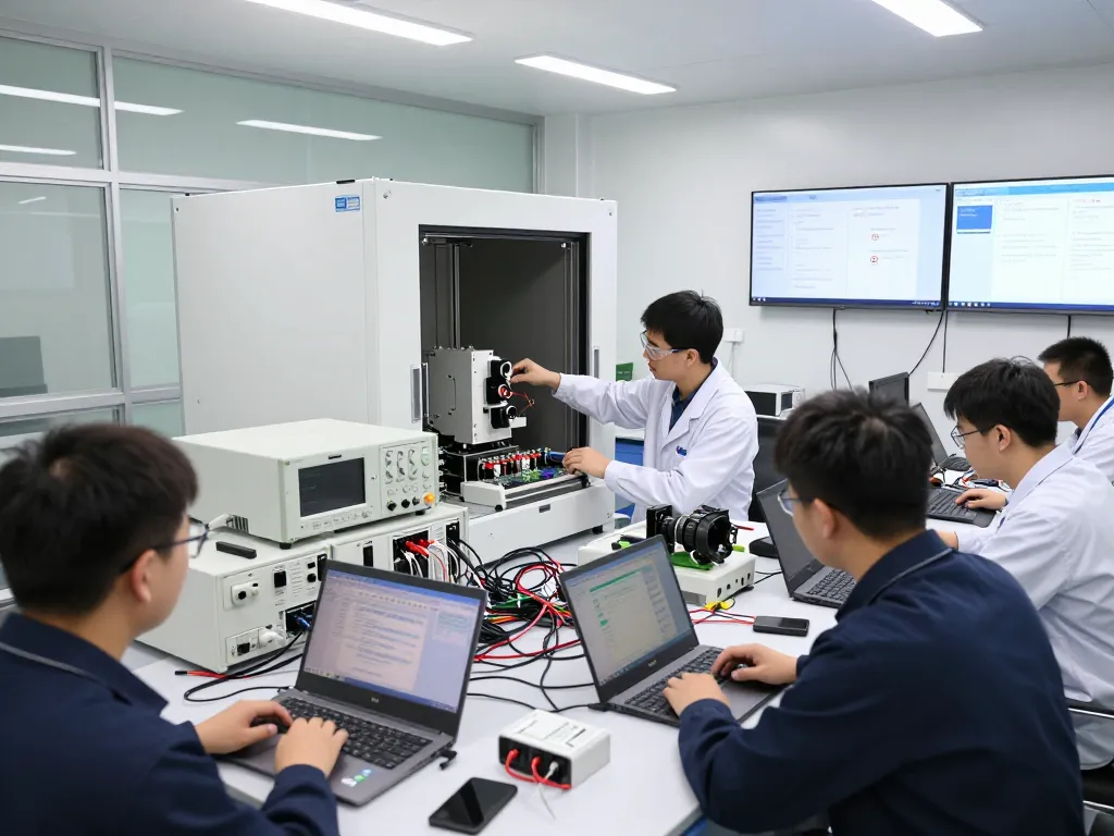 Engineers conducting Type approval tests in an advanced EMC testing laboratory.