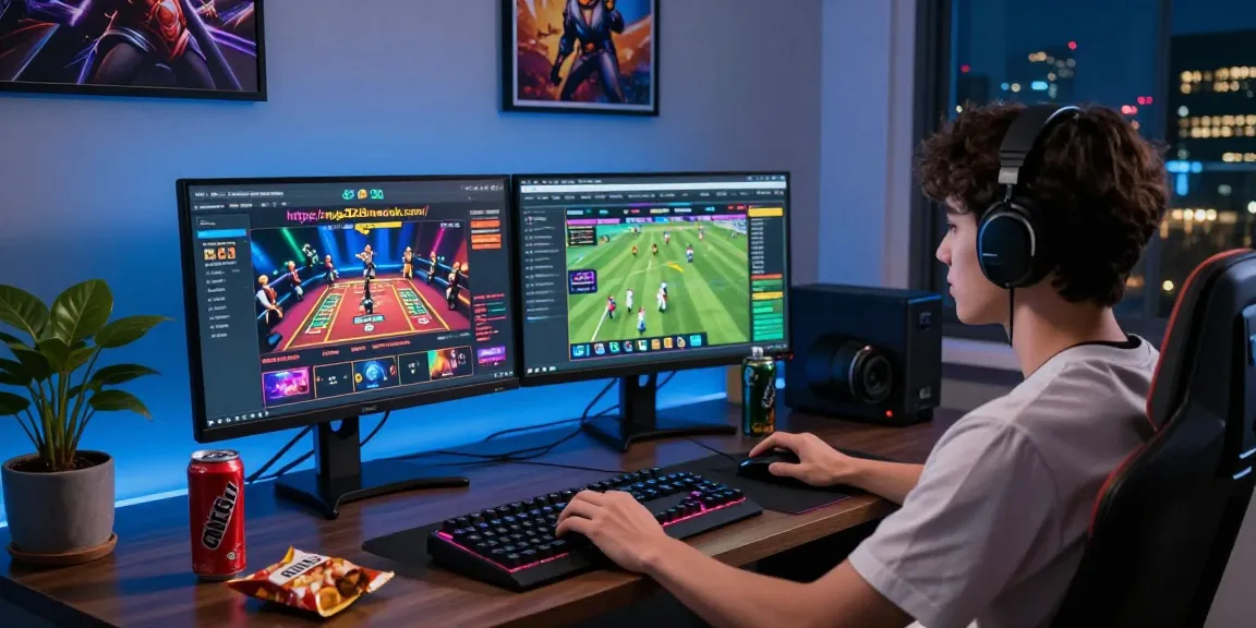 Engaging gaming setup with live action from https://raja328masuk.com/ on dual monitors, creating a vibrant and immersive atmosphere.
