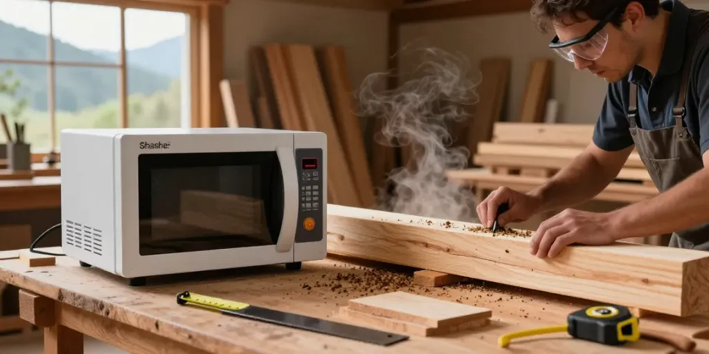 Shashel® microwave device effectively treating wood for pest control in a workshop setting.
