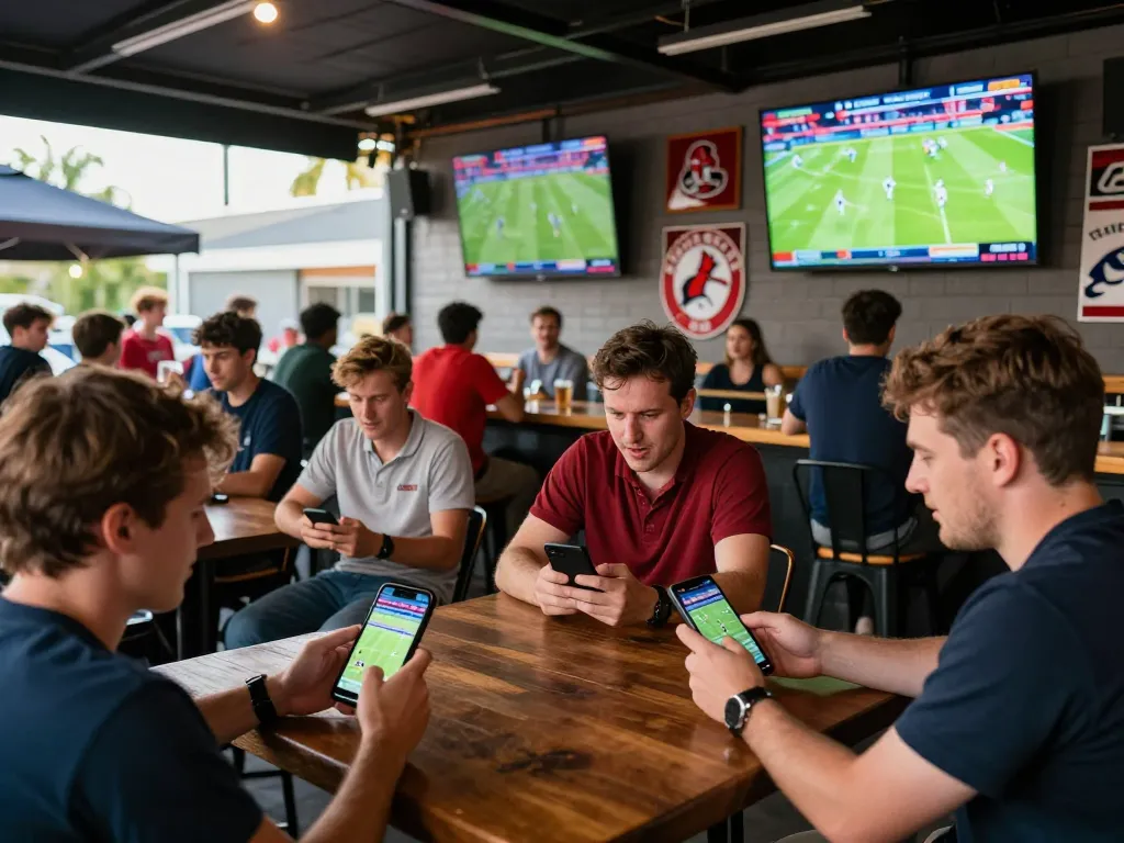 Sports bettors enjoying mobile gaming at 78wingo with screens showing live matches.