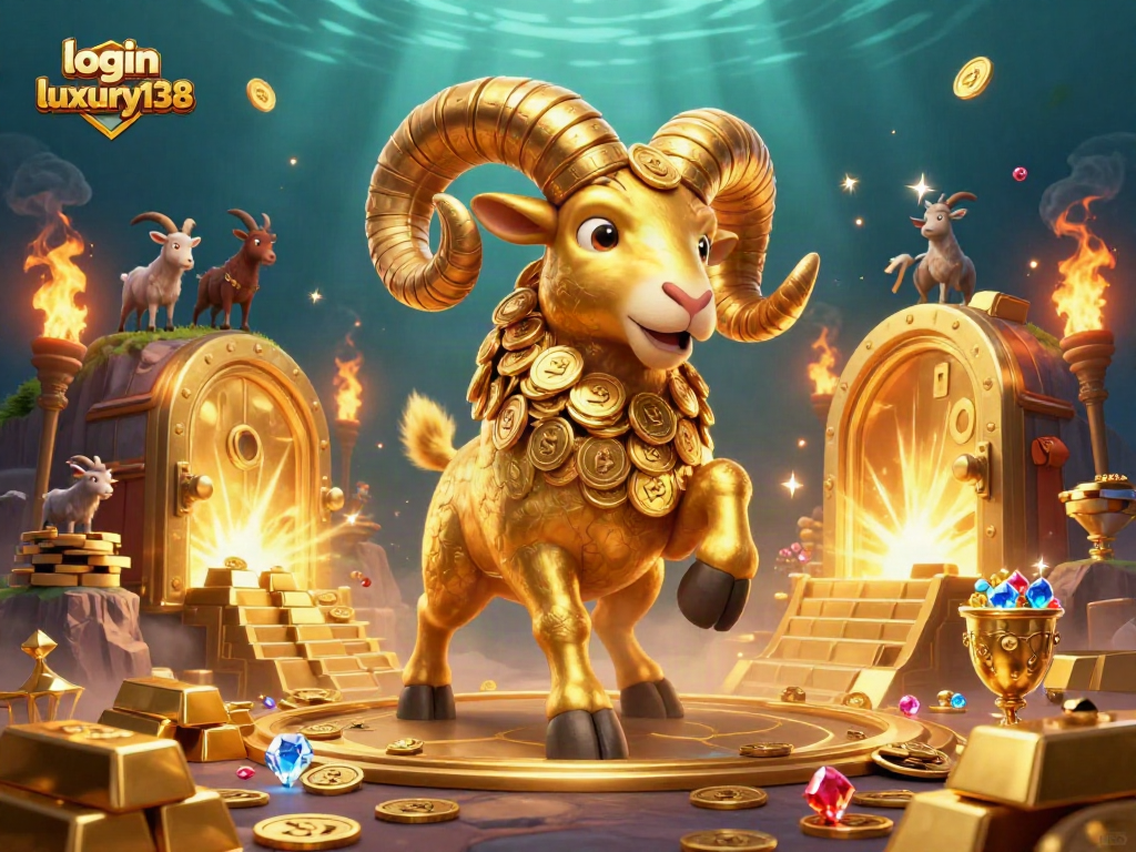 Login luxury138 menampilkan ilustrasi kasino dengan ram emas besar, membawa keseruan dan harta karun berkilauan.