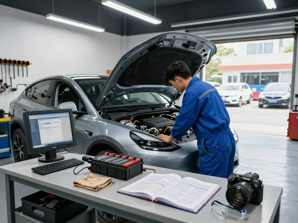 Mechanic working on electric vehicle components in automotive workshop with bro138 technology.
