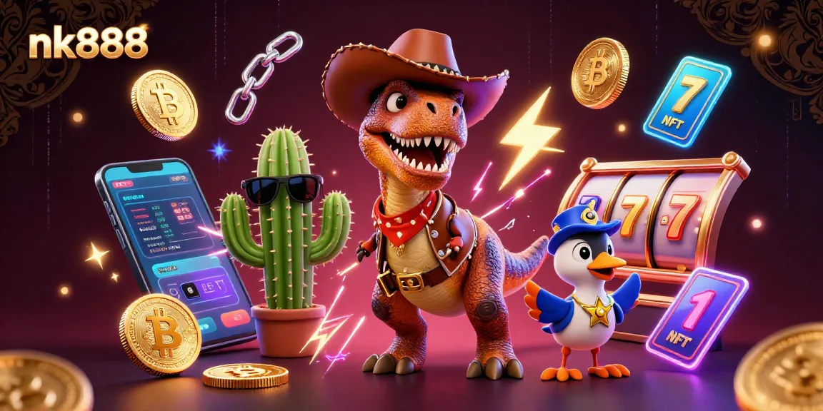 Win big with nk888 in this vibrant and dynamic casino-themed illustration featuring lively characters.