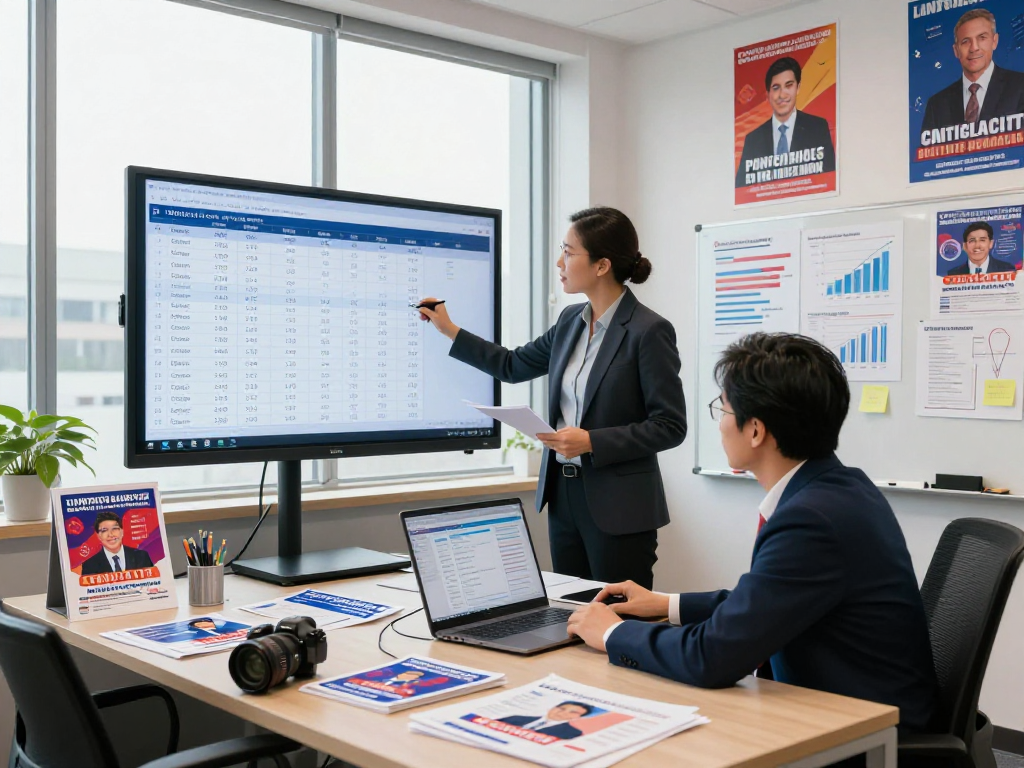 Political SMS compliance visualized in a campaign office with voter data analysis.