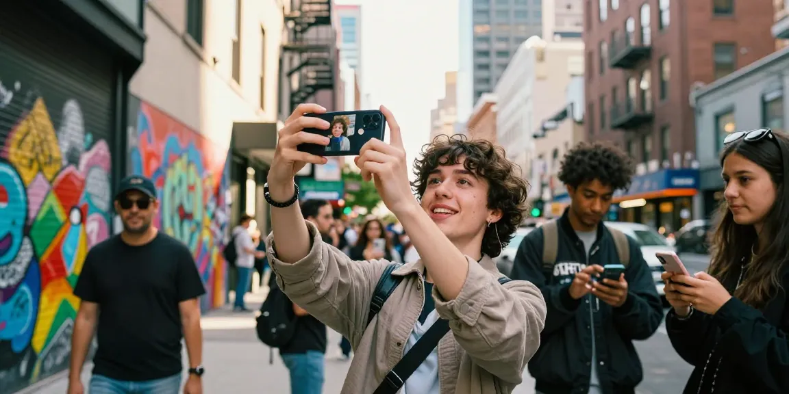 Youth engaging with a celebrity look alike search using their smartphone in a vibrant urban setting.