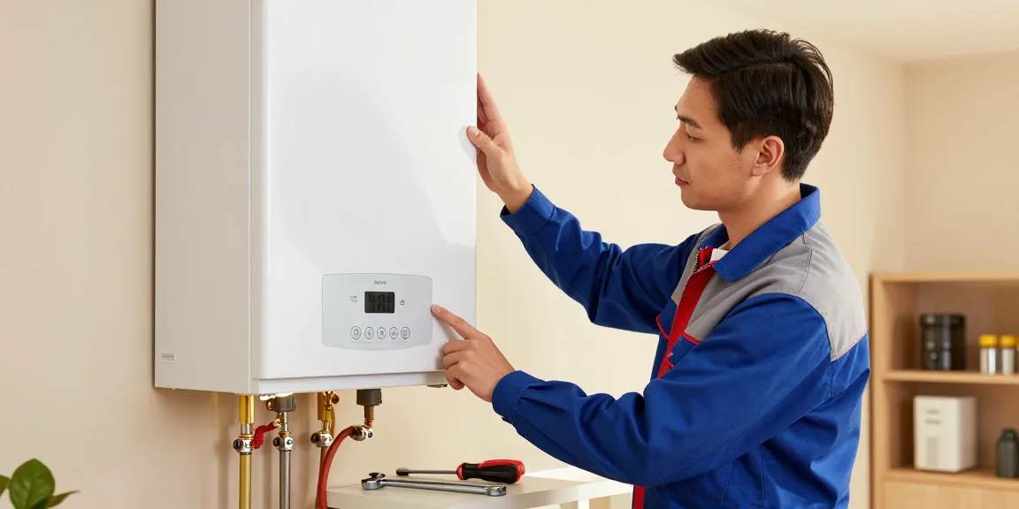 Expert heating engineer in Bedford inspecting a wall-mounted boiler installation with professional tools and a tidy workspace.