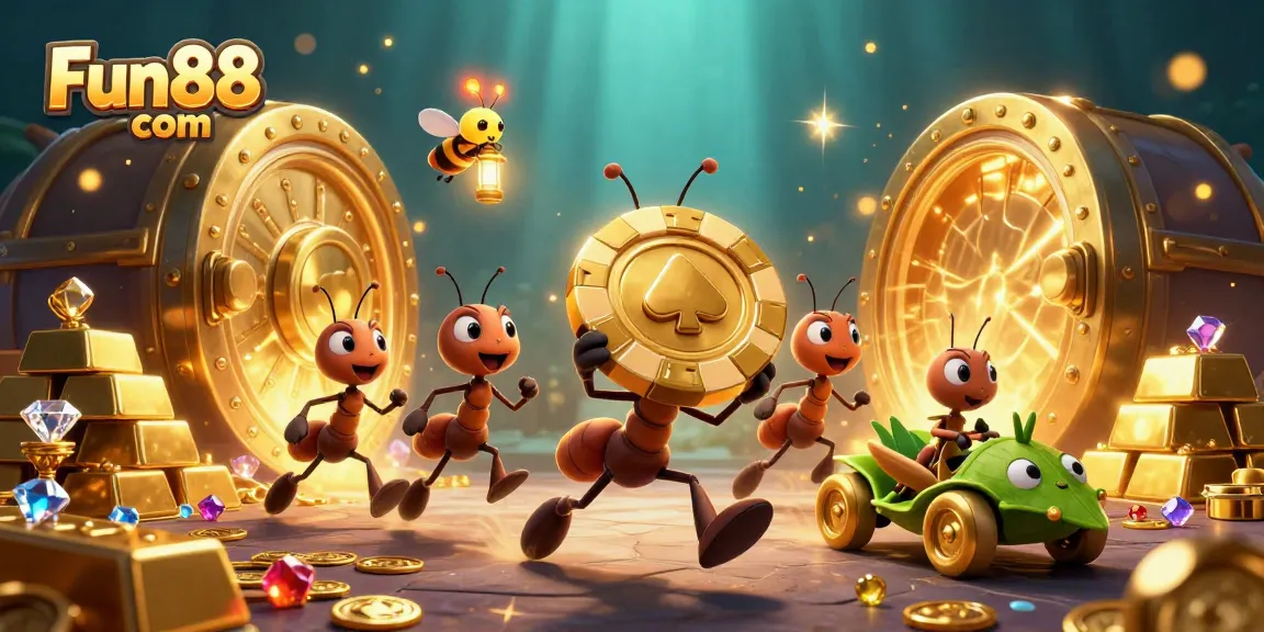 Experience a thrilling heist with ants at Fun88 com, featuring golden poker chips and treasures in a vibrant scene.