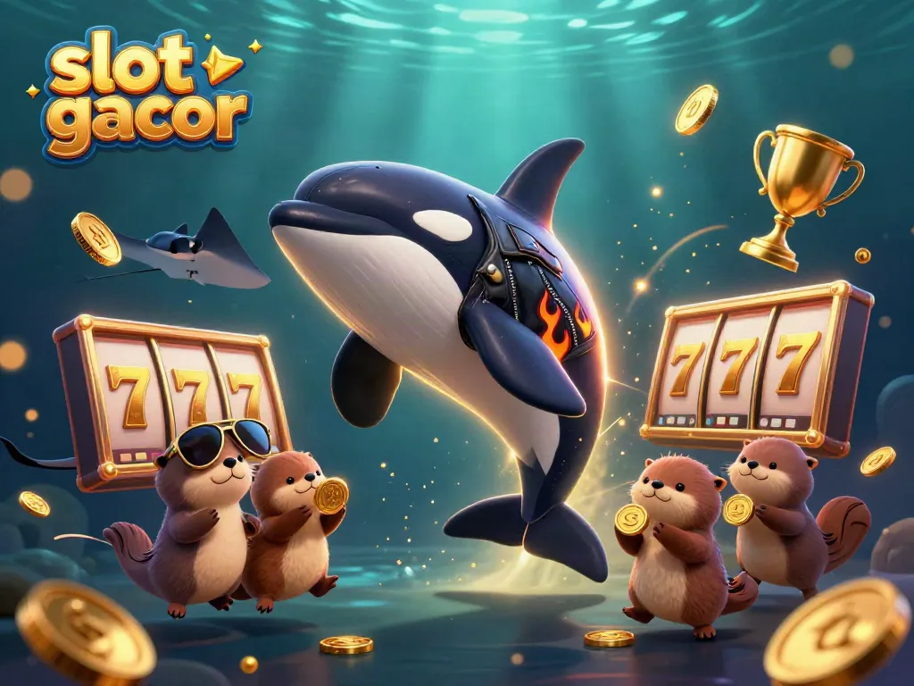 Slot gacor themed illustration featuring an orca whale, stingray, and sea otters with gold coins.