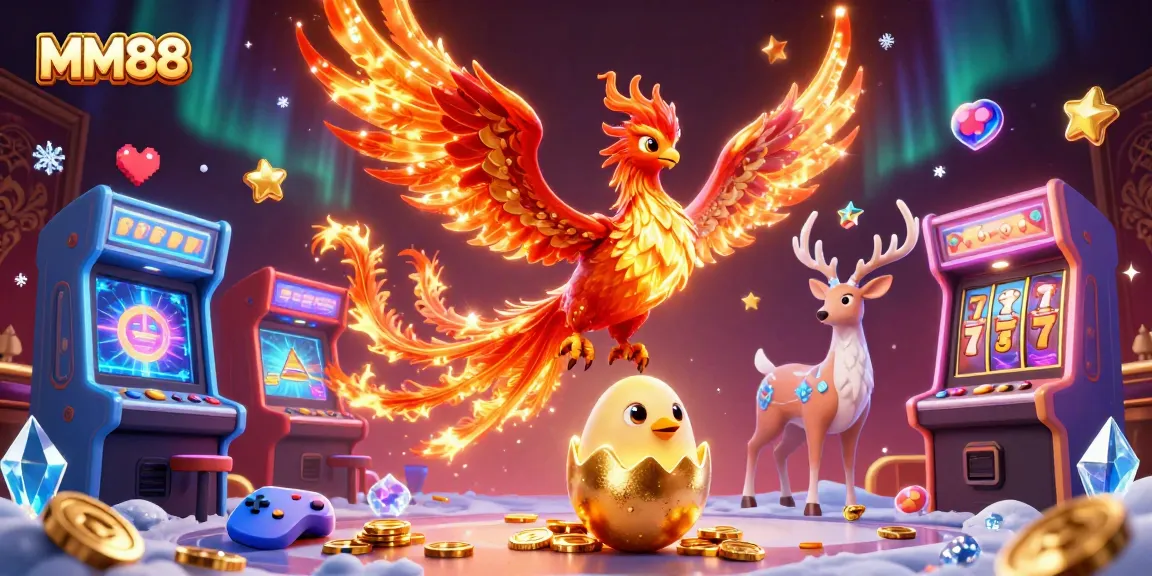 Engage with exciting MM88 slots surrounded by vibrant casino elements featuring a phoenix and mystical stag.