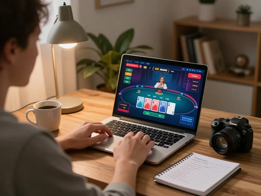 Muraibet player engaged in an online poker game, showcasing strategy notes and a cozy gaming environment.
