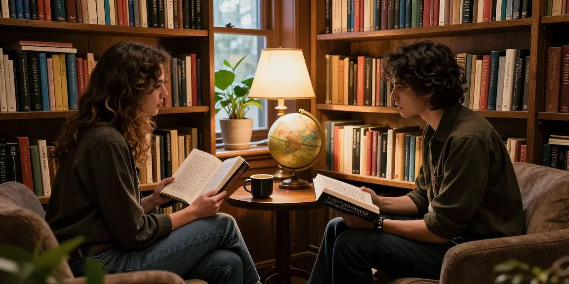 Two individuals discussing T Allen Greenfield's UFOnauts in a cozy library setting focused on spiritual exploration from https://tallengreenfield.com.
