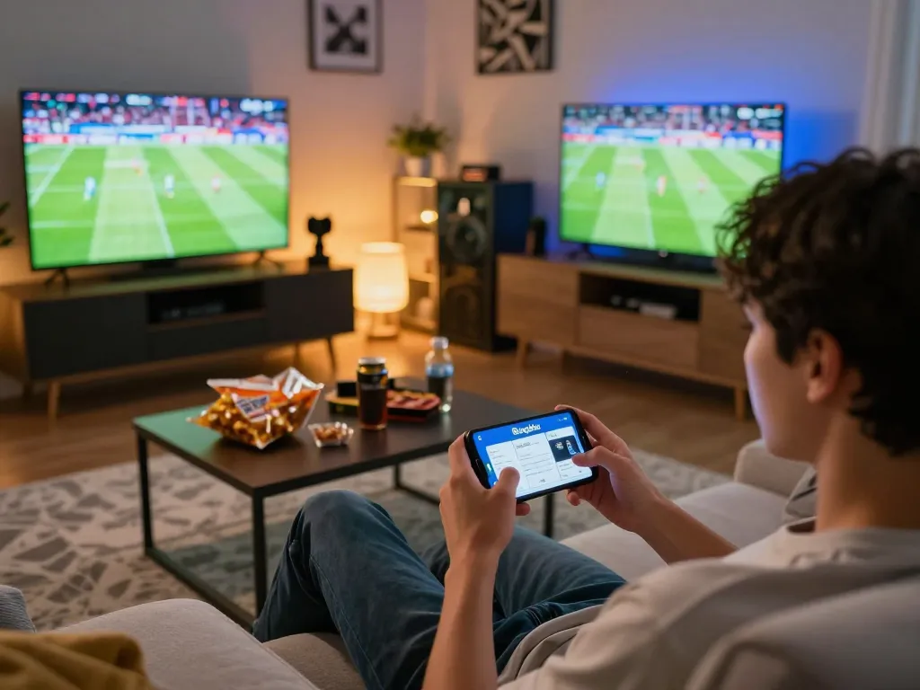 Bongdalu app displaying live scores while a person enjoys a game in a cozy home setting