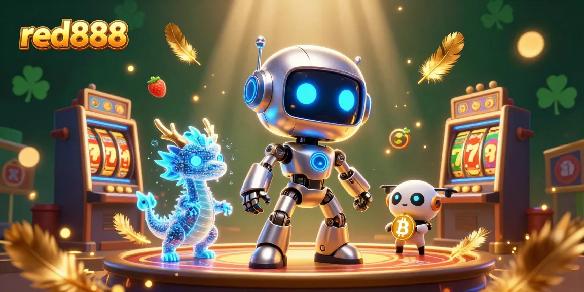 Join the excitement with red888 as a cyberpunk robot mascot embraces thrilling casino adventures.