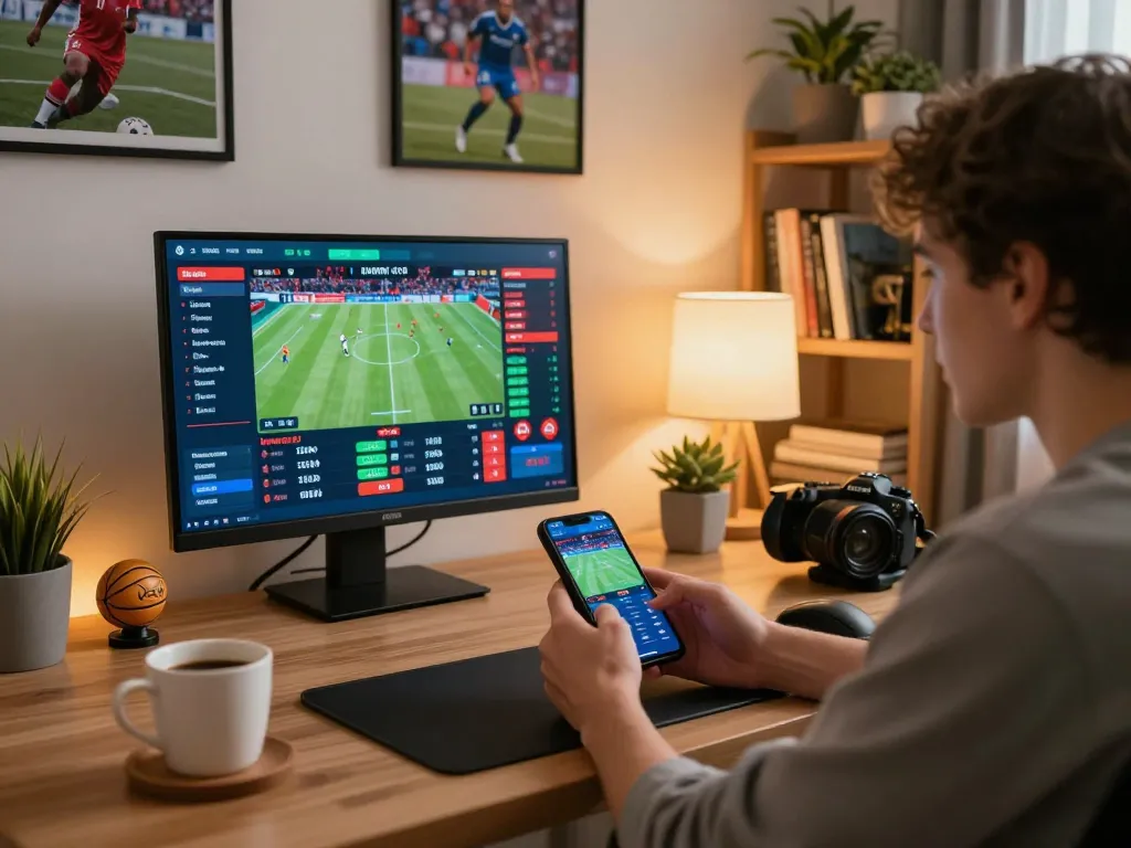 Person using a smartphone to place bets on Vaobet, showcasing live sports odds in a cozy home office.