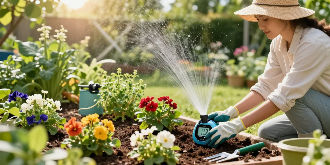 Efficient watering system with rainpoint sprinkler timer in a vibrant garden scene.
