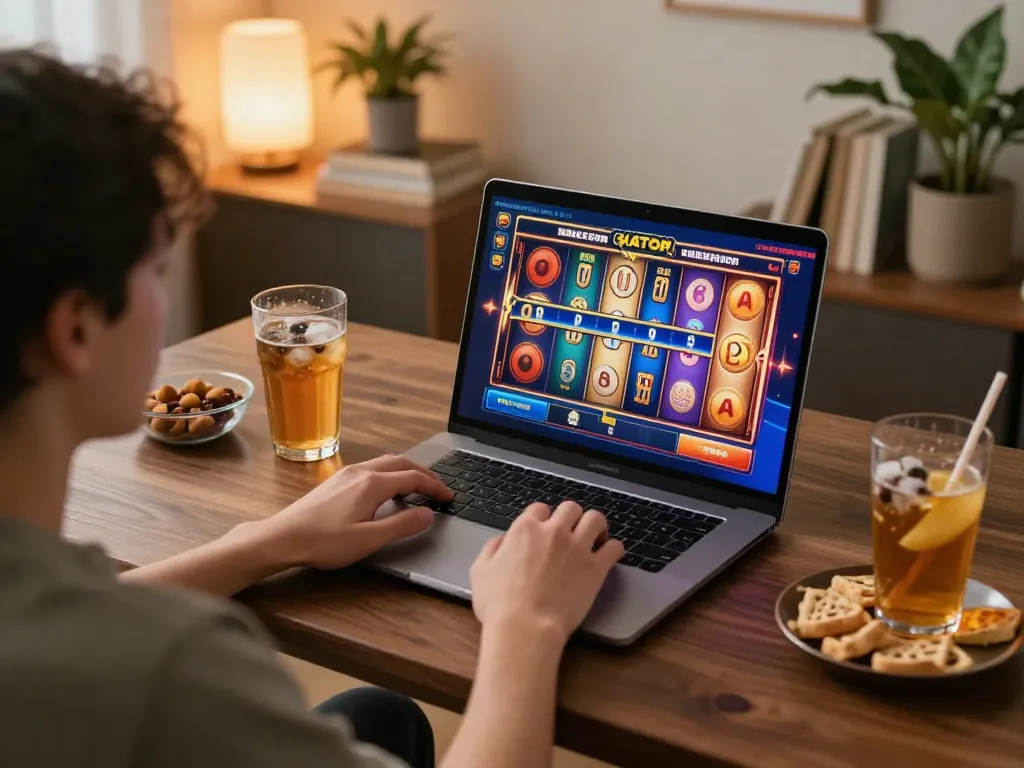 Player enjoying slots not on gamstop on a laptop in a cozy home setting.
