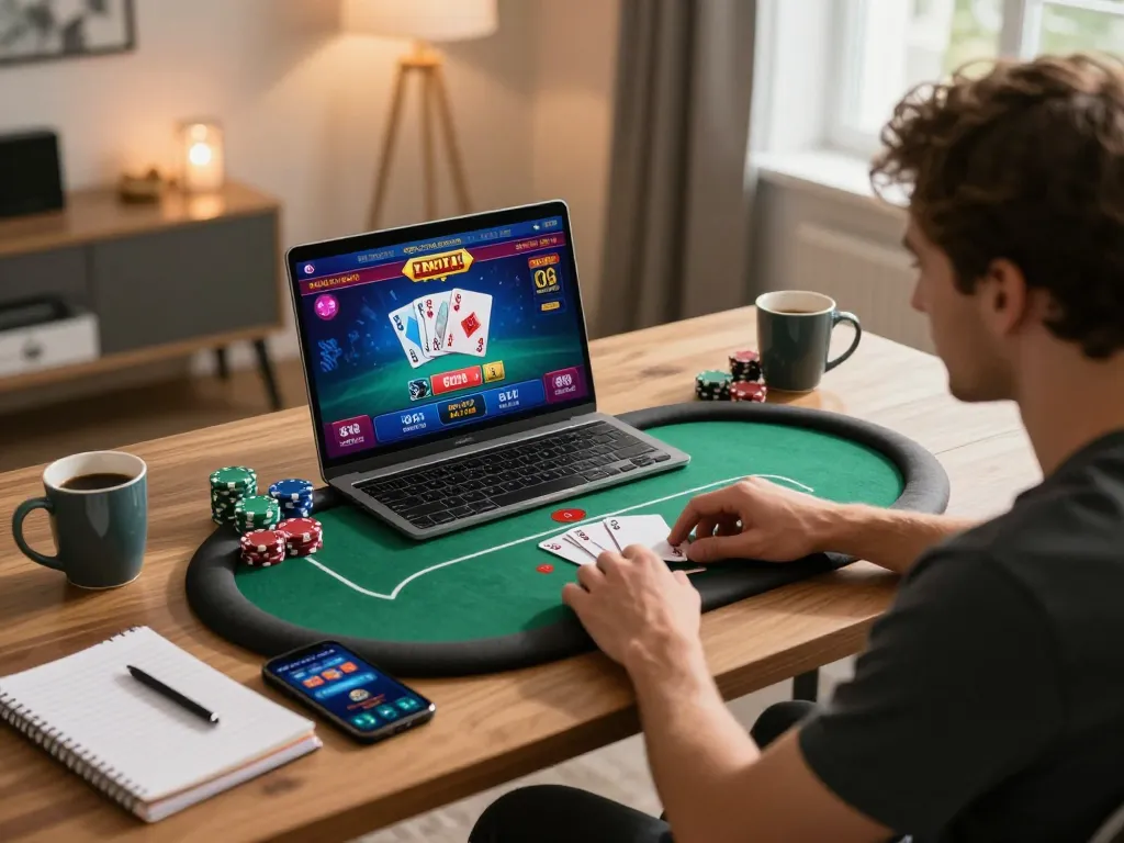 Rasakan sensasi bermain jalatogel online dengan permainan poker yang semarak di laptop kantor rumah yang stylish.