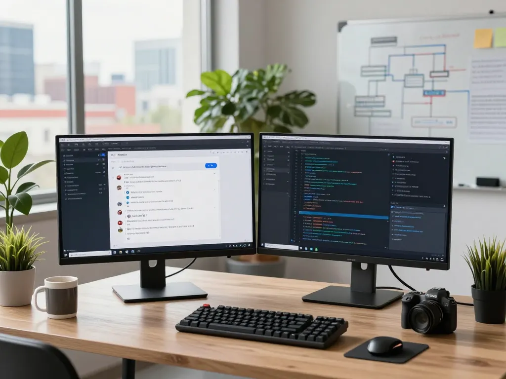 Clawdbot interface in a modern tech workspace with dual monitors, reflecting an engaging developer environment.