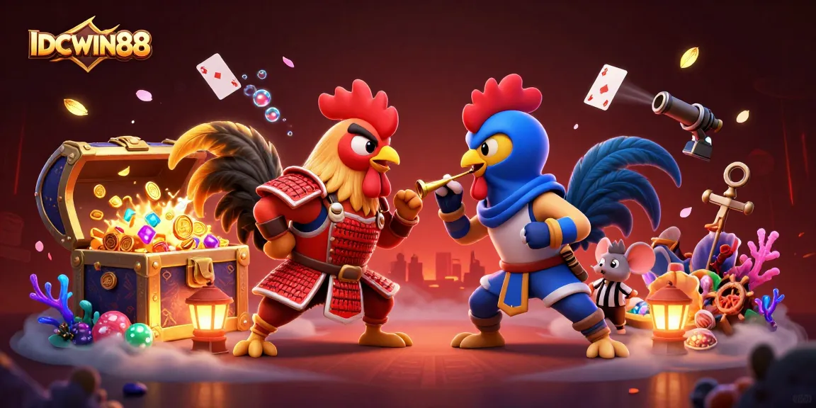 Engage in thrilling action with IDCWIN88, as roosters battle amidst vibrant casino themes.