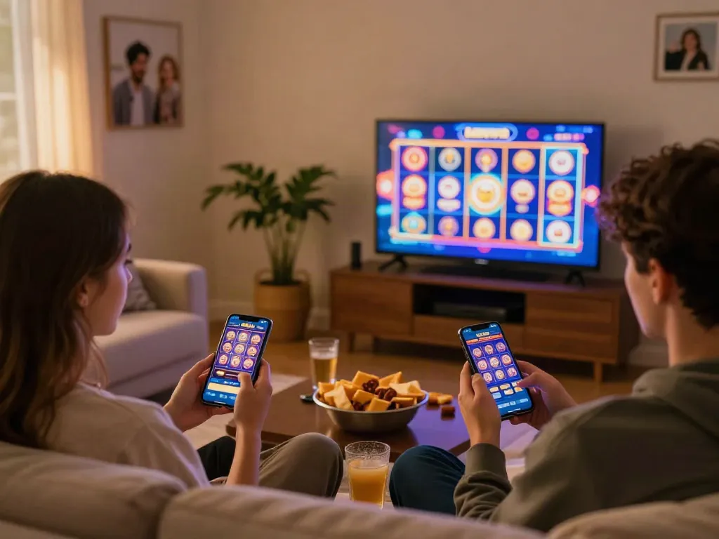 Friends enjoying a cozy gaming night with luxury12 slot games on their smartphones.