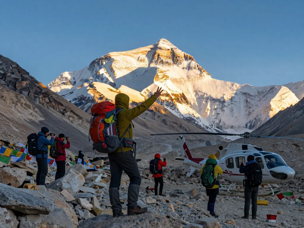 Everest Base Camp Trek with Helicopter Return at sunset with a traveler admiring the view and helicopter nearby.