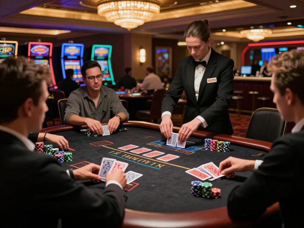 Players strategizing at a high-stakes blackjack table in an upscale casino, highlighting the allure of XX88 gambling.