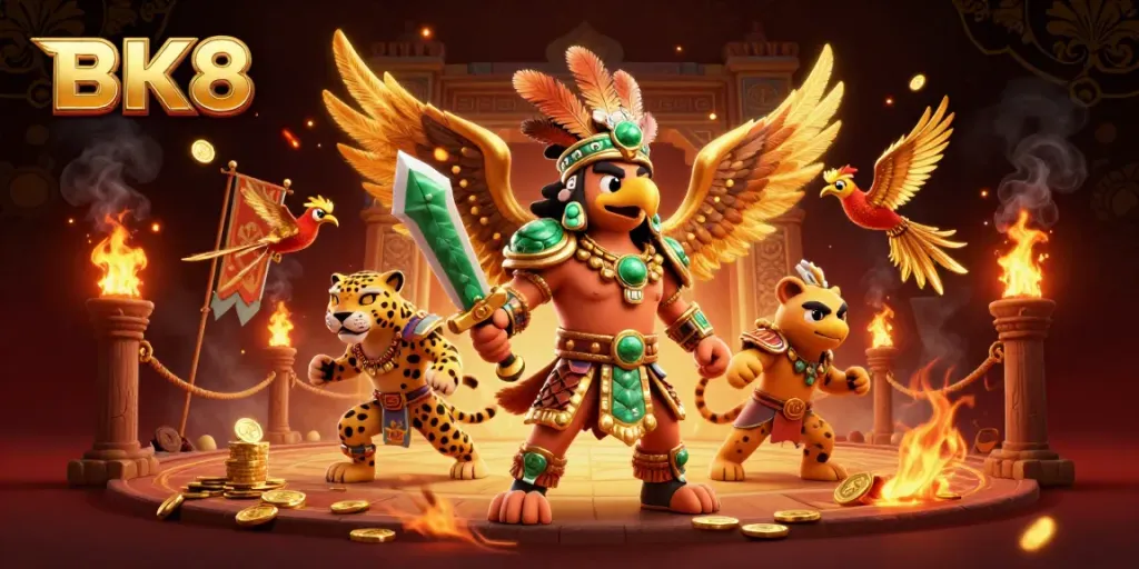 BK8 players enjoy vibrant casino atmosphere with Aztec warriors and gold coins in 3D illustration.
