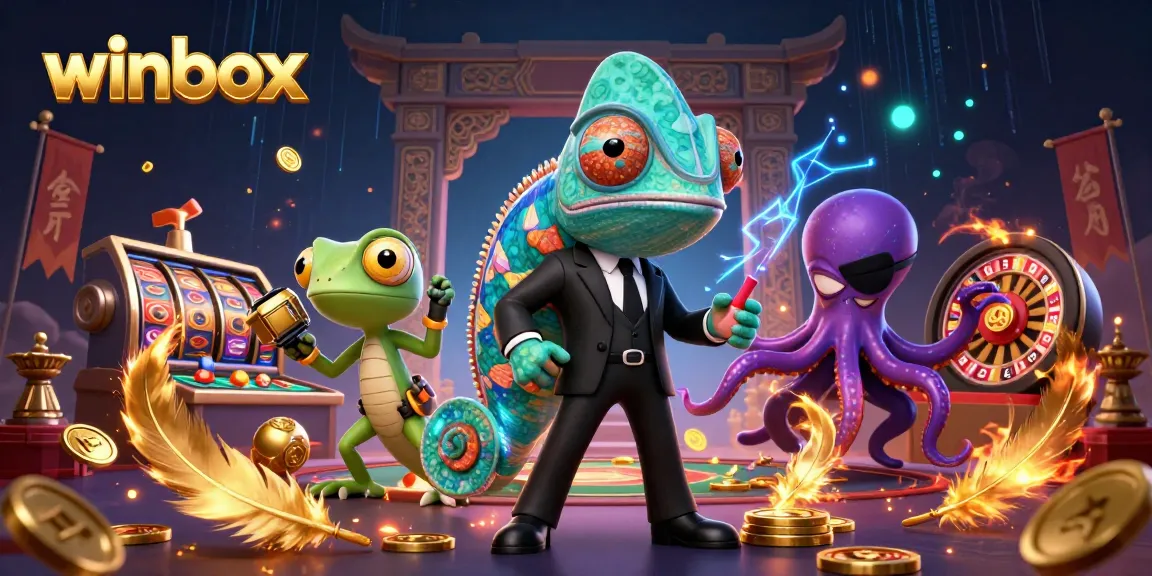 Experience thrilling adventures at winbox through a colorful, dynamic casino illustration featuring slots and games.
