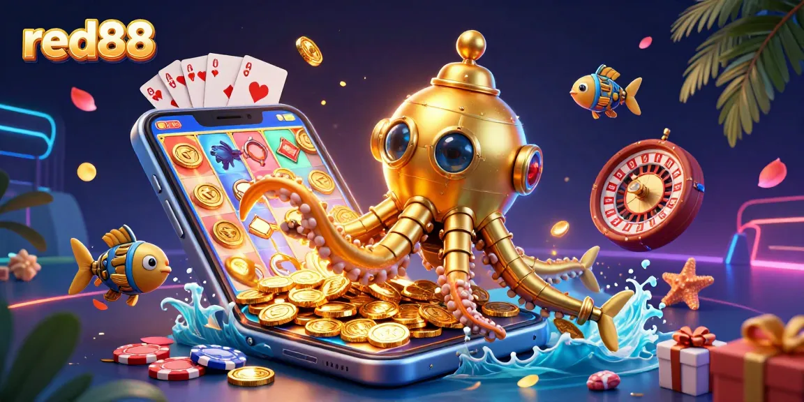 Experience the thrill of red88 with a dynamic 3D illustration showcasing a golden kraken submarine among vibrant casino elements.