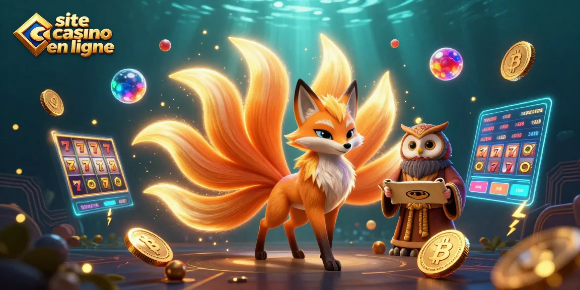 Profitez de l'expérience de jeu immersive du site de casino en ligne avec cette illustration colorée d'une créature magique et d'éléments de jeu.