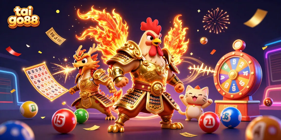 Join the action with tai go88 as a dynamic rooster warrior, dragon hatchling, and fortune cat celebrate in a vibrant casino scene.