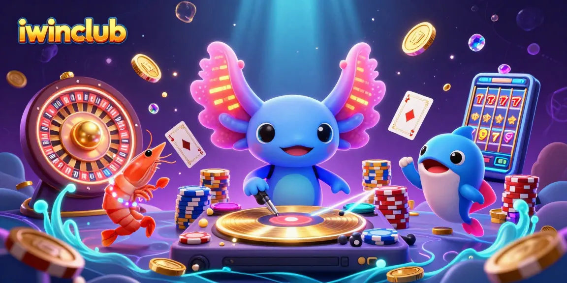 Spin and win at iwinclub with vibrant casino-themed underwater illustration featuring unique characters.