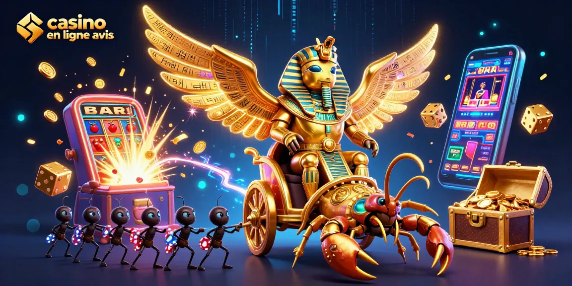 Un avis sur un casino en ligne qui illumine avec un scarabée doré et des scorpions en charrette.