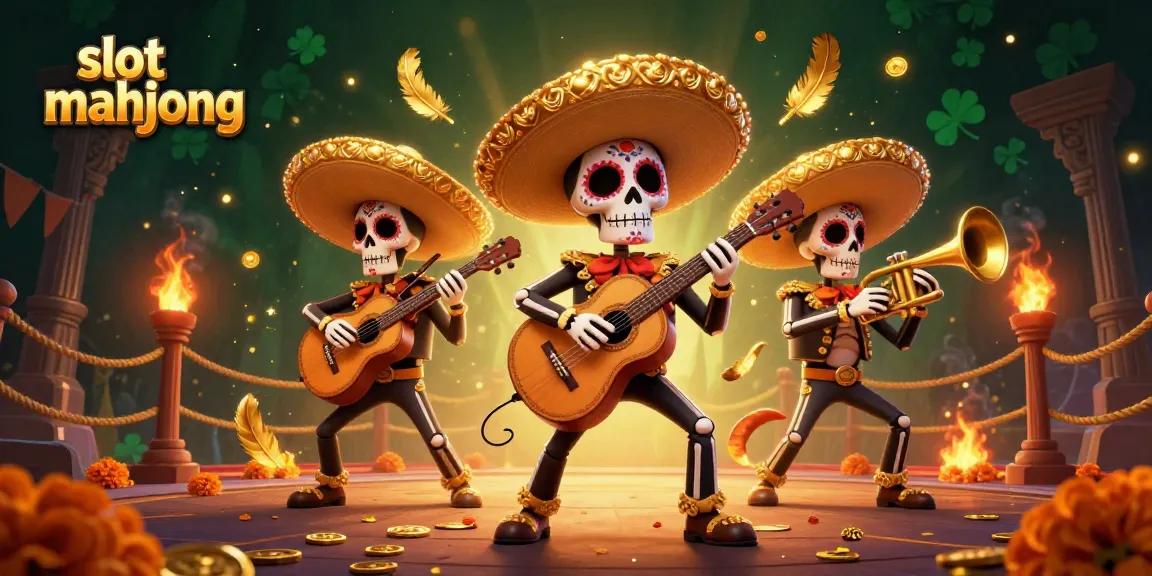 Engage in slot mahjong excitement with a vibrant scene showcasing mariachi skeletons and dynamic casino elements.