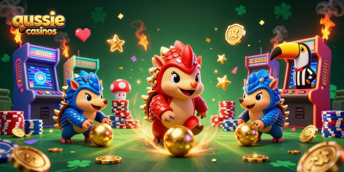 Aussie online casinos scene with rival pangolins bowling through poker chips, surrounded by gaming elements.