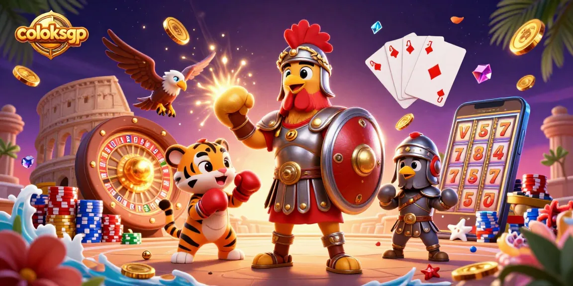 Experience coloksgp with a vibrant 3D illustration of a gladiator rooster in a casino setting.