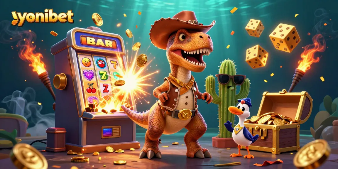 Win big with yonibet in a vibrant casino scene featuring characters, slot machines, and exciting game elements.