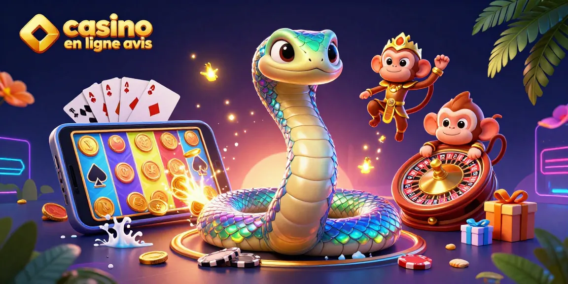 Découvrez casino en ligne avis avec une scène vibrante de casino numérique, présentant un serpent coloré et un roi singe en armure dorée.