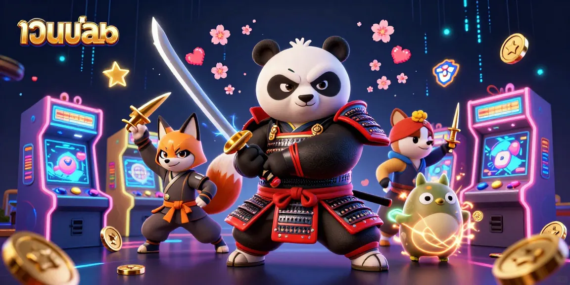 Experience เว็บบอล with this vibrant 3D illustration showcasing a samurai panda and ninja fox amid dynamic casino elements.