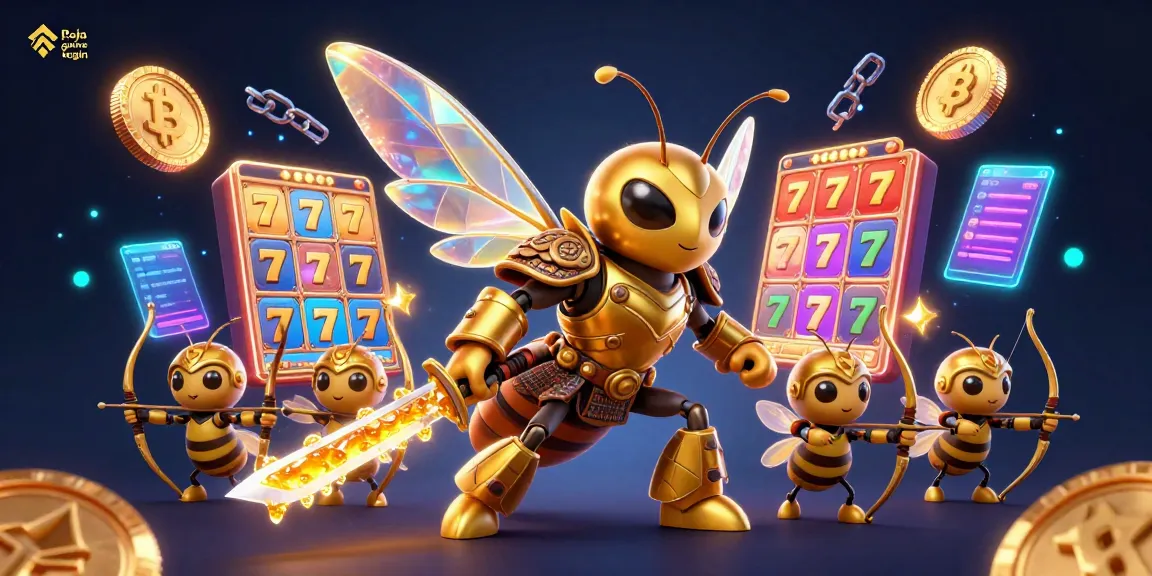 Join the fun at Raja game login with an exciting illustration featuring a giant hornet and thrilling slot elements.