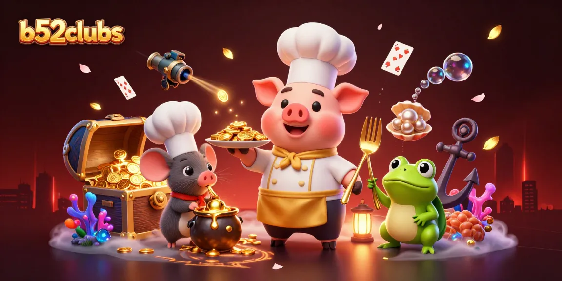 B52clubss offers thrilling gaming action with a chef pig serving gold coins and cards in a vibrant casino scene