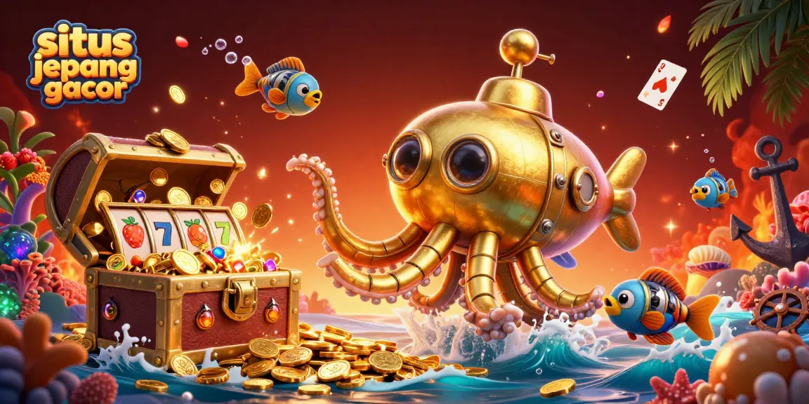 Experience the excitement of situs jepang gacor with vibrant slot games amidst a treasure-filled ocean scene.