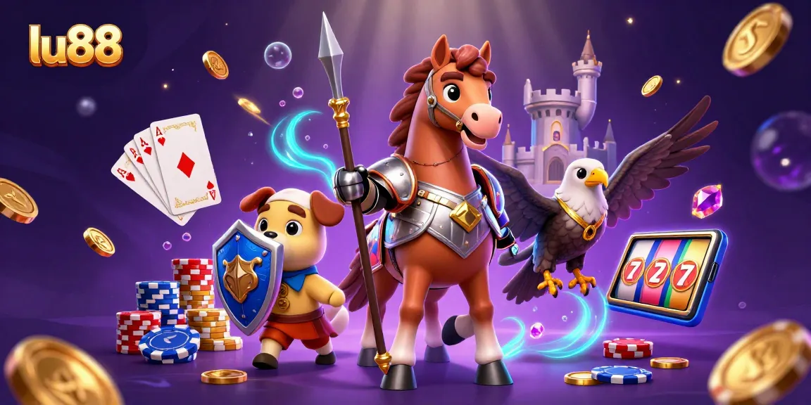lu88 showcases a medieval knight, squire puppy, and falcon amidst casino elements, highlighting exciting gaming.