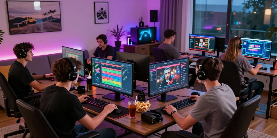 Engaged players exploring 토토사이트 in a lively gaming environment with snacks and dual screens.