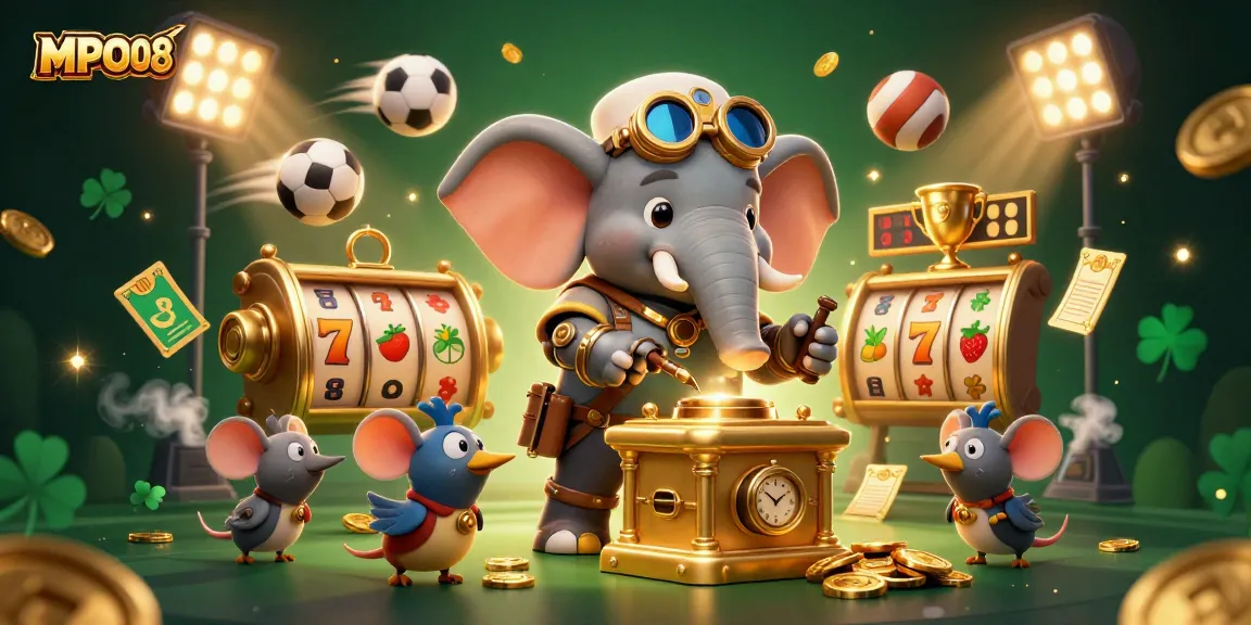 MPO08 gaming experience with a steampunk elephant engineer, vibrant slots, and lush casino atmosphere.