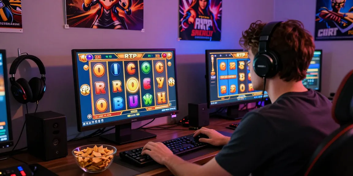 Seorang pemain rtp slot bermain dengan antusias di komputer, dikelilingi oleh dekorasi tema permainan slot yang cerah.
