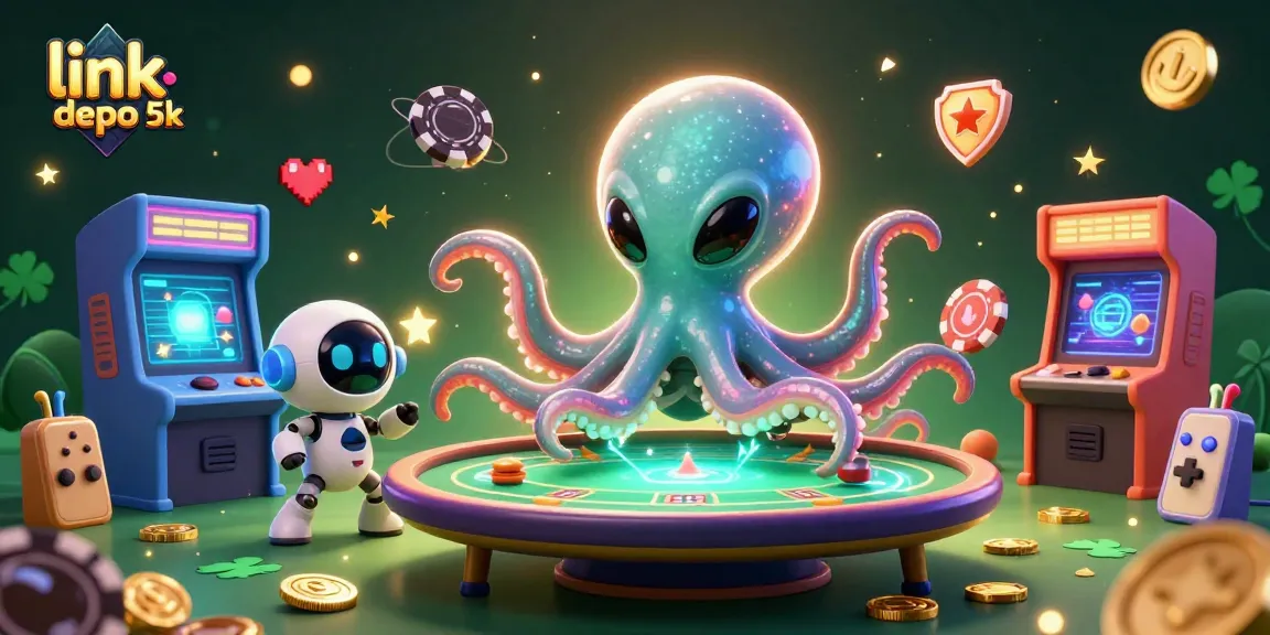 Engage with link depo 5k at a vibrant casino scene featuring a cartoon octopus and robot gaming excitement.